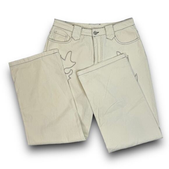 Et Clet Lightweight Denim Embroidered Jeans Wide Leg Western Cream Brown Medium - Picture 5 of 9